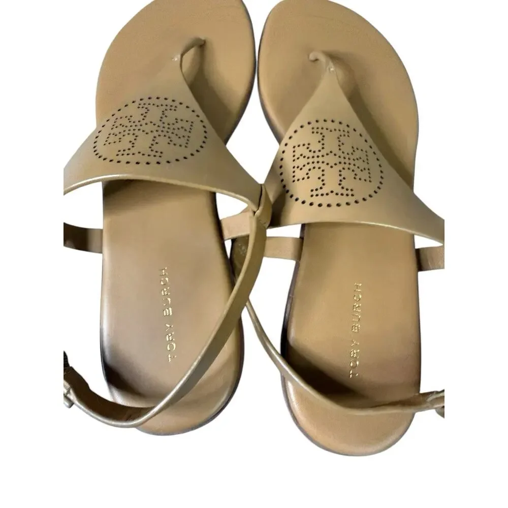 NEW Tory Burch Capri Perf Leather Thong Sandals Brown Leather US 8